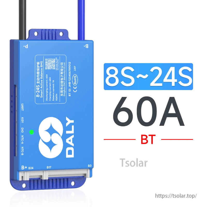 Model label graphic for 8S–24S 60A version with BT, showing blue Daly BMS front and current text