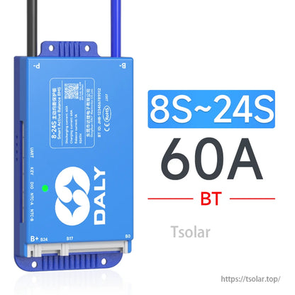 Model label graphic for 8S–24S 60A version with BT, showing blue Daly BMS front and current text