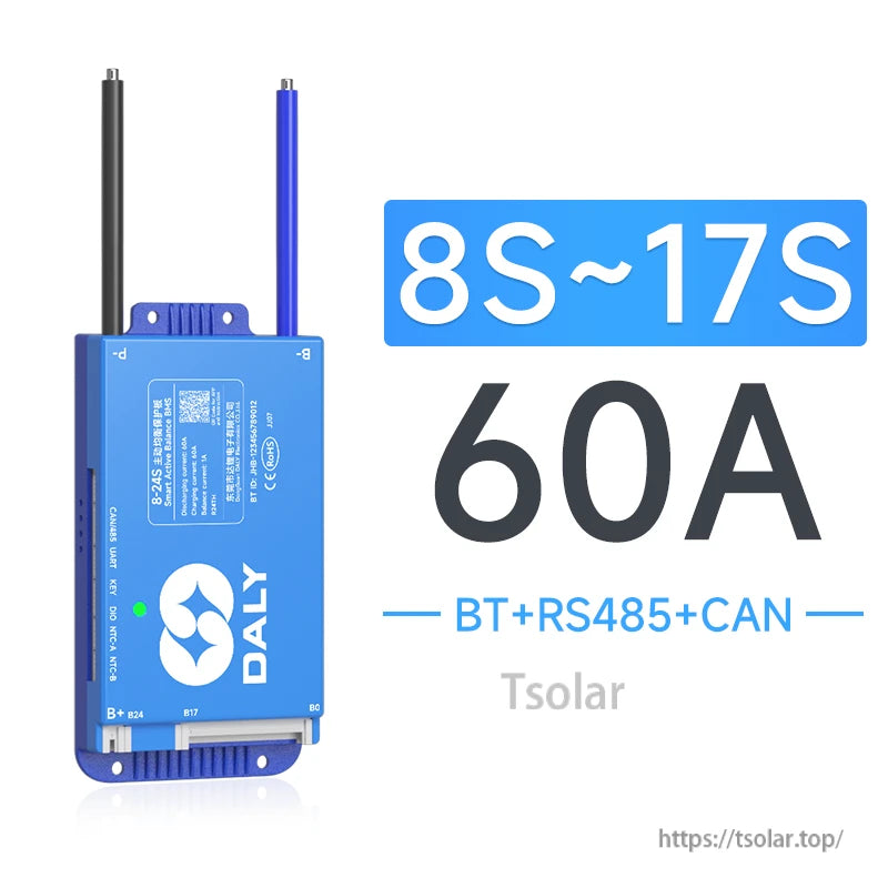 8S–17S 60A BMS graphic showing BT + RS485 + CAN communication options and blue Daly module