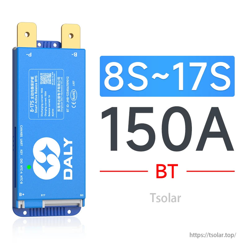 Daly smart active balance BMS 8S-17S 150A with BT, blue case and B- and P- terminals