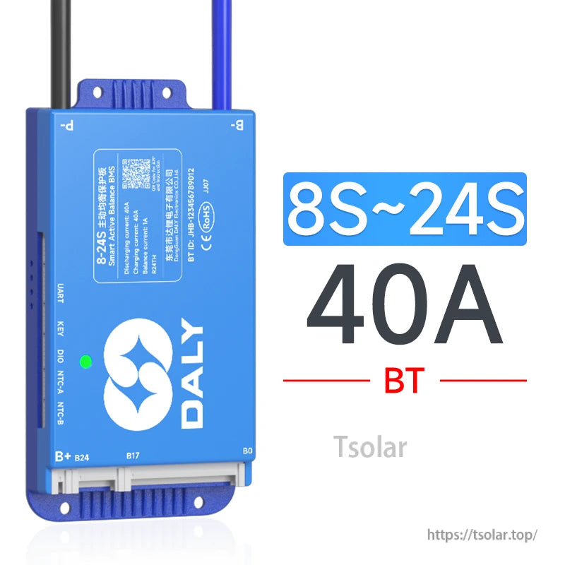 Model label graphic for 8S–24S 40A version with BT, blue Daly BMS shown with range and current text