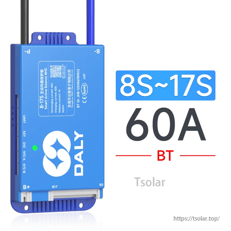Model label graphic for 8S–17S 60A version with BT, showing blue Daly BMS front and range text