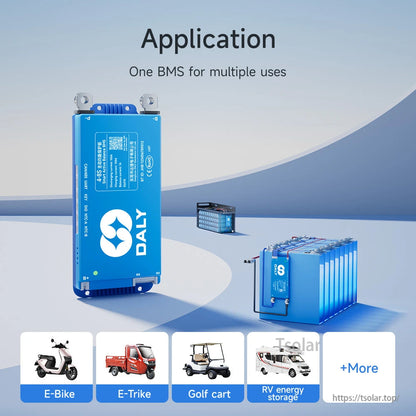 Application graphic showing BMS used on e-bike, e-trike, golf cart, and RV energy storage battery packs