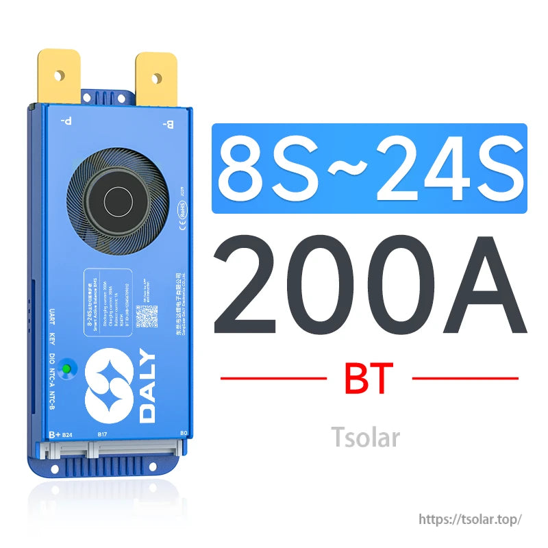Daly smart active balance BMS with cooling fan, 8S–24S 200A rating and Bluetooth (BT) label