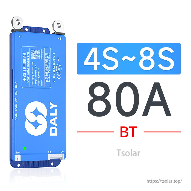 Daly smart active balance BMS 4S–8S 80A with Bluetooth (BT) in blue case with B+ and B- terminals