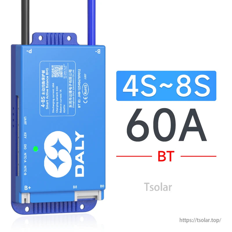 Model label graphic for 4S–8S 60A version with BT, blue Daly BMS shown with range and current