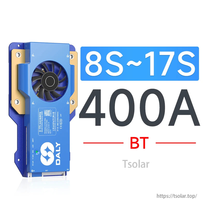 Daly smart active balance BMS with cooling fan, labeled 8S–17S 400A and BT on blue housing