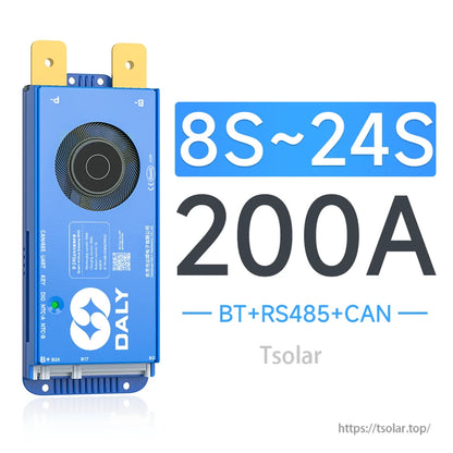 Daly smart active balance BMS 200A for 8S–24S packs with BT, RS485 and CAN, blue enclosure with cooling fan