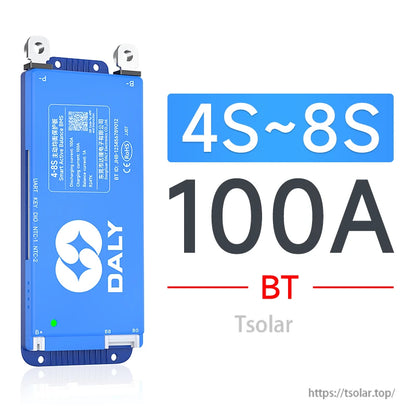 Daly smart active balance BMS 4S–8S 100A BT, blue module with UART/key ports and balance connector