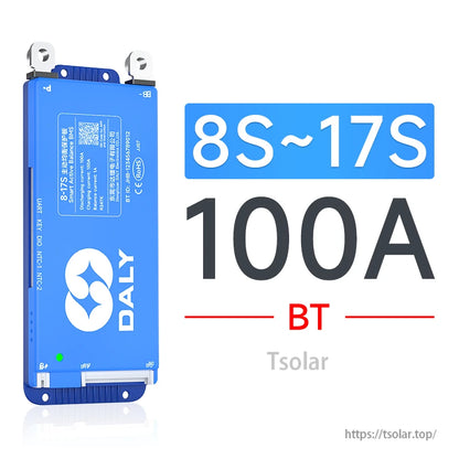 Daly smart active balance BMS 8S–17S 100A with Bluetooth (BT), blue aluminum case and terminal studs