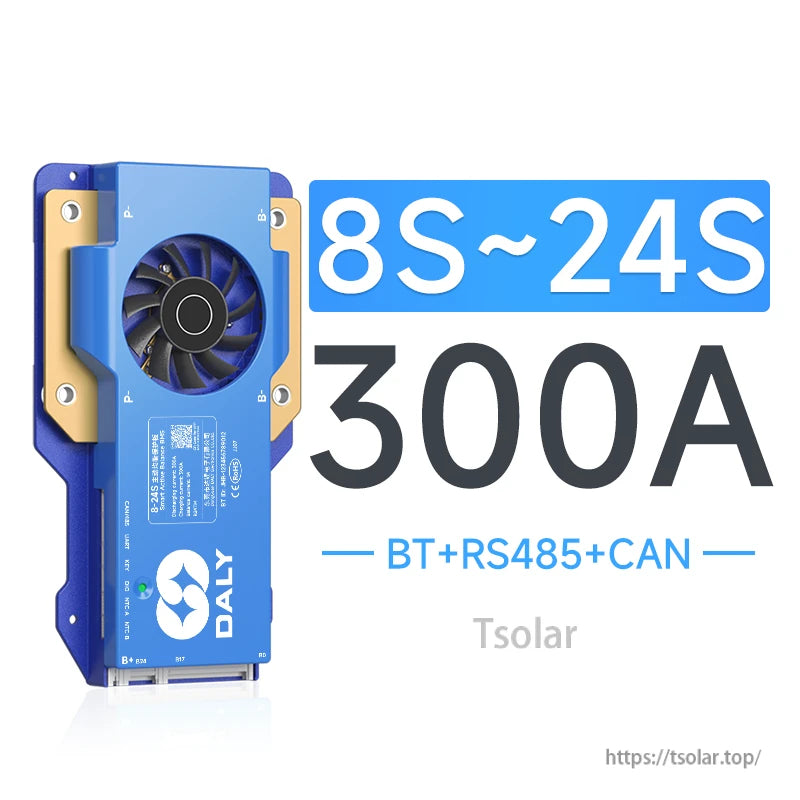 Daly smart active balance BMS 300A for 8S–24S packs with cooling fan and BT, RS485 and CAN ports