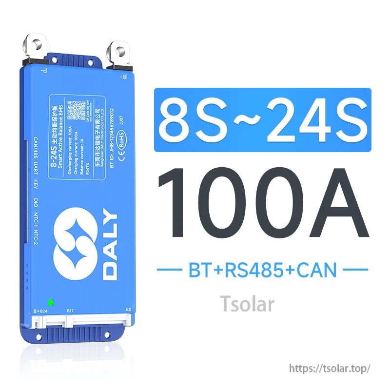 Daly smart active balance BMS 8S–24S 100A module with BT, RS485 and CAN ports in blue case