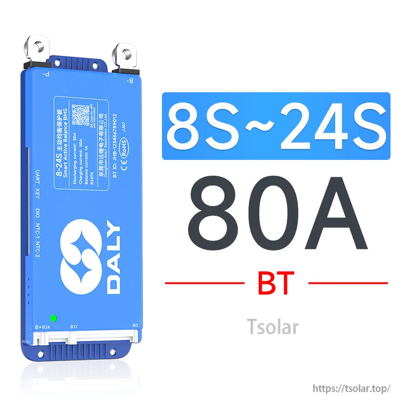 Daly smart active balance BMS 80A with Bluetooth (BT), labeled for 8S–24S battery packs