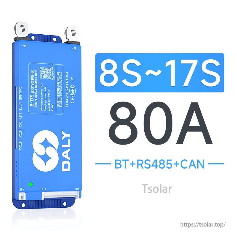 Daly smart active balance BMS 8S–17S 80A with BT, RS485 and CAN ports in blue aluminum case