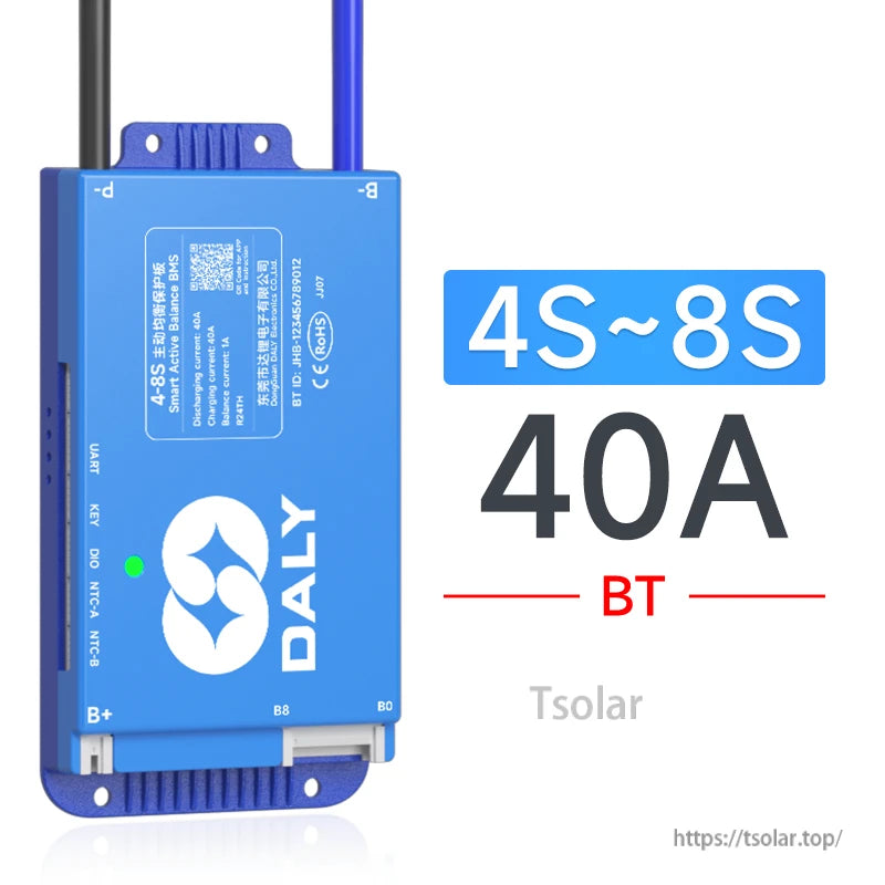 Model label graphic for 4S–8S 40A version with BT, showing blue Daly BMS front and range text
