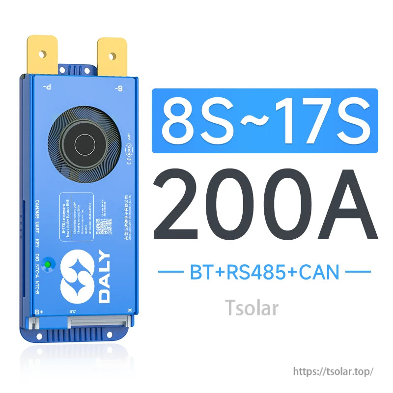 Daly smart active balance BMS 8S–17S 200A with cooling fan and BT, RS485 and CAN ports