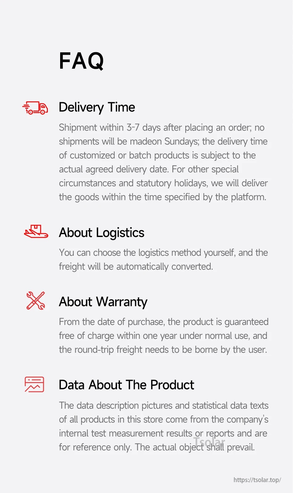 FAQ page listing delivery time (3–7 days), logistics options, one-year warranty, and product data notice for DALY Smart BMS