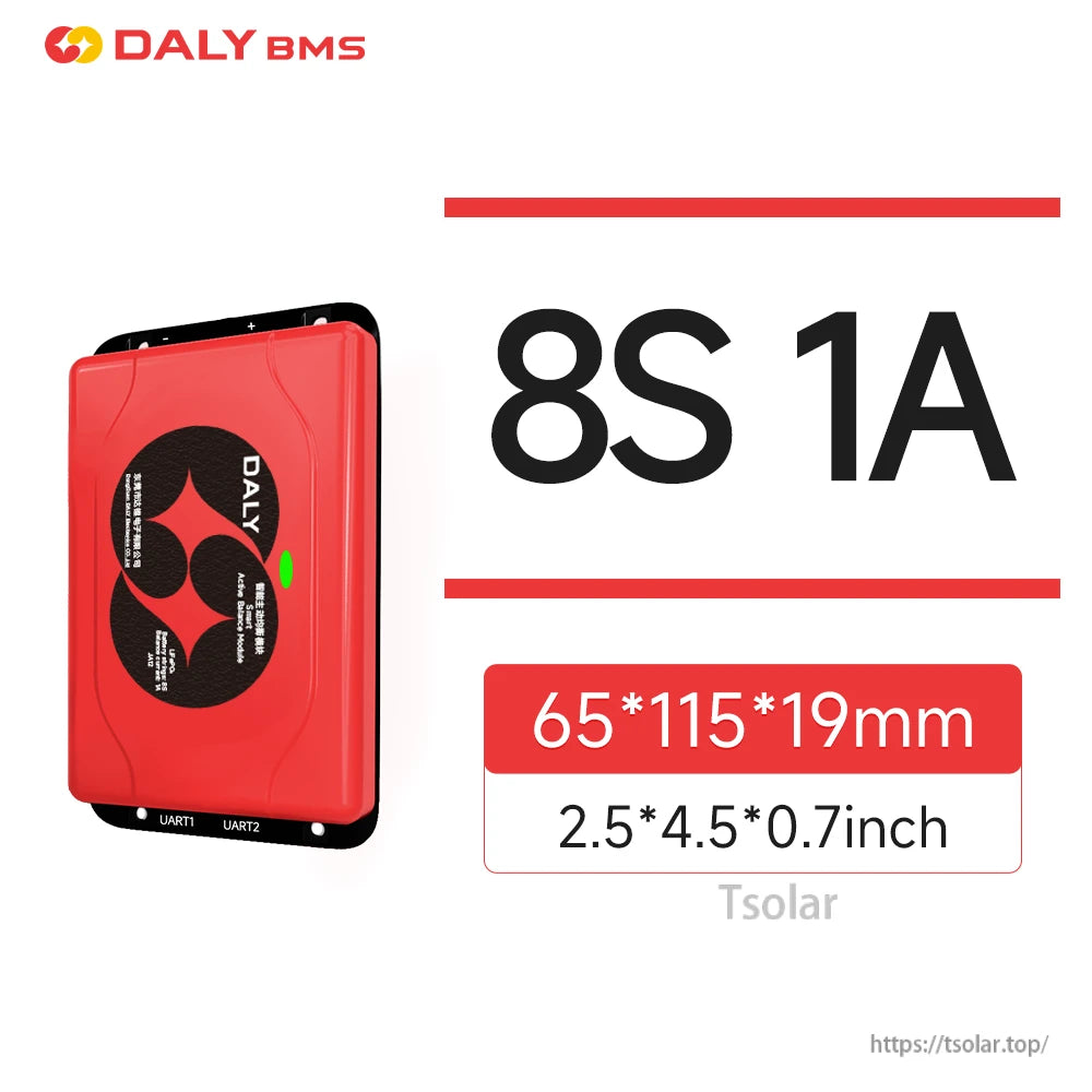 8S 1A active balancer dimensions 65×115×19 mm, front view of red module with UART1 and UART2 labels