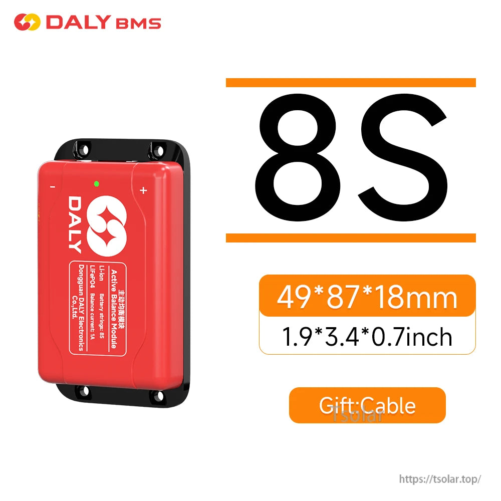 Daly Smart BMS 1A Active Balancer, Daly BMS 8S active balancer module in red case with +/- markings, 49×87×18 mm, includes cable