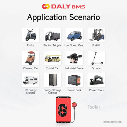 Application scenarios graphic for active balancer: e-bike, scooter, forklift, RV energy storage, power tools and more