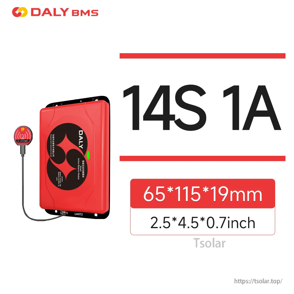 14S 1A active balancer dimensions 65×115×19 mm shown with module and wired dongle