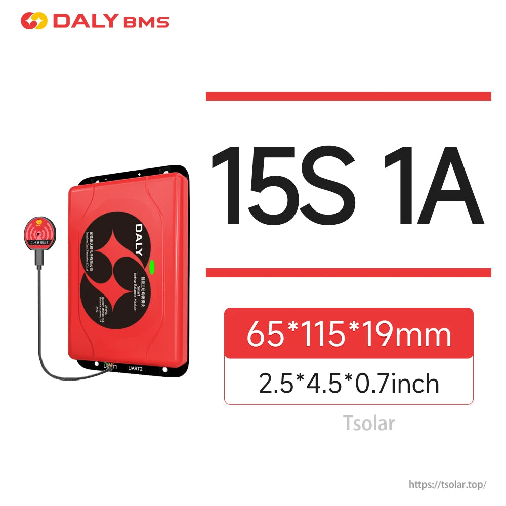 15S 1A active balancer size 65×115×19 mm graphic with red module and wired dongle