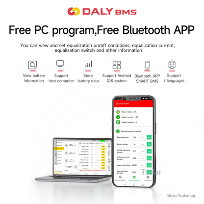 PC program and Bluetooth app screen examples for monitoring and setting active balance parameters