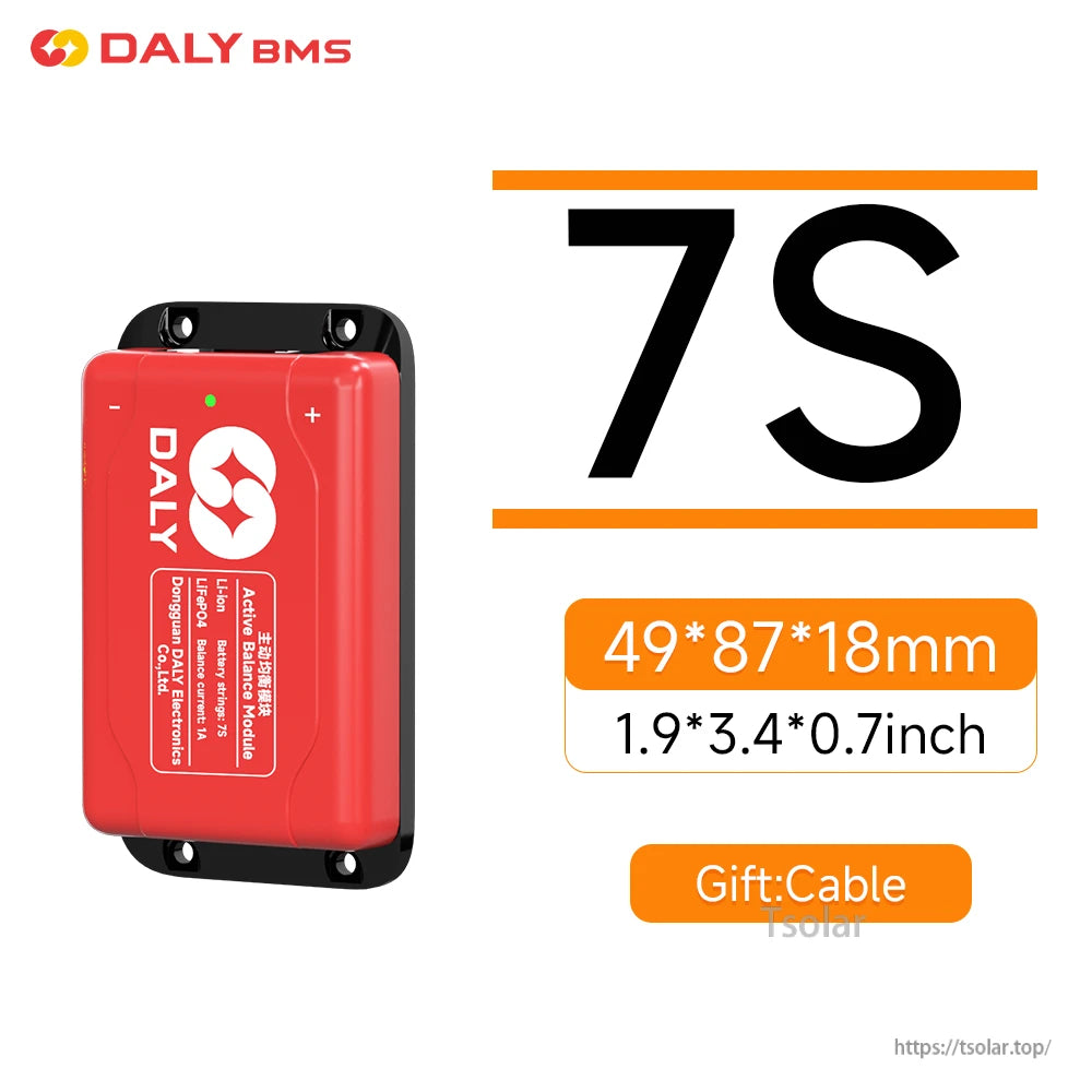 Daly Smart BMS 1A Active Balancer, Daly BMS 7S active balance module in red case with mounting tabs, 49×87×18 mm size, includes cable