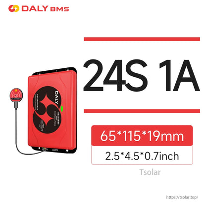 Daly Smart BMS 1A Active Balancer, Daly Smart BMS 24S 1A active balancer module, red case with wired round accessory, 65×115×19 mm