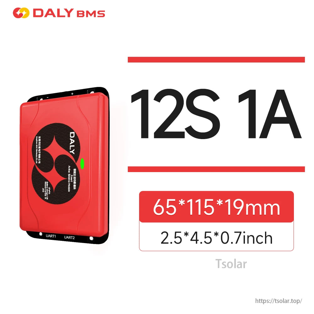 12S 1A active balancer dimensions 65×115×19 mm shown with red module and UART ports