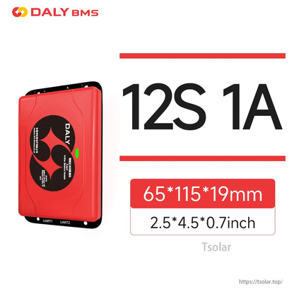12S 1A active balancer dimensions 65×115×19 mm shown with red module and UART ports