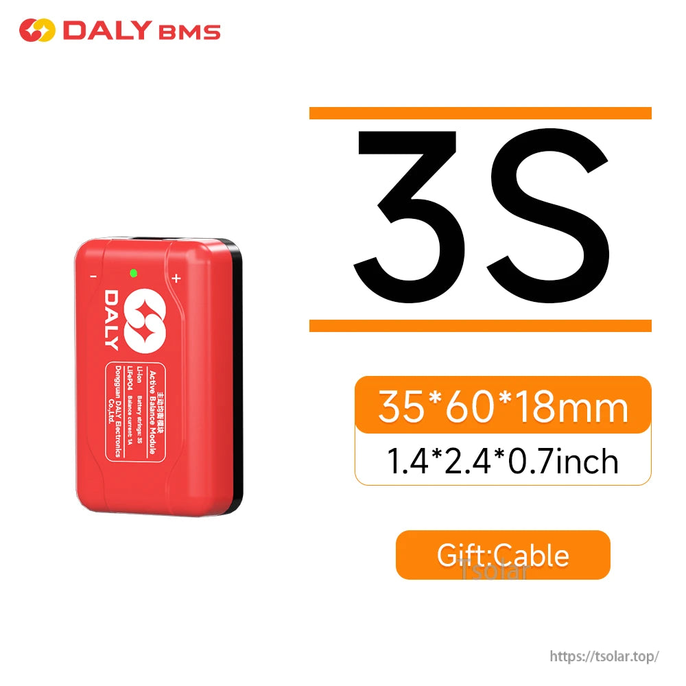 Daly Smart BMS 1A Active Balancer, DALY BMS 3S active balancer module in red case, 35×60×18 mm size, includes cable