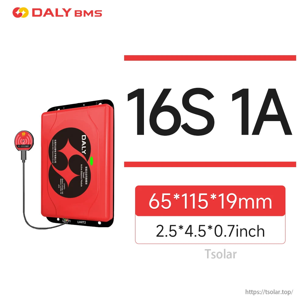 16S 1A active balancer dimensions 65×115×19 mm shown with module and wired dongle