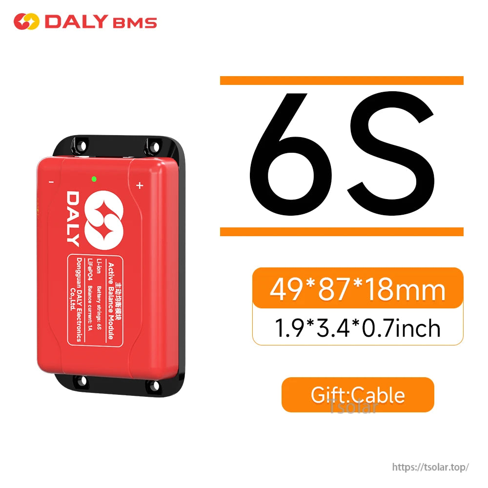 Daly Smart BMS 1A Active Balancer, Daly BMS 6S active balance module in red case with mounting tabs, 49×87×18 mm size label