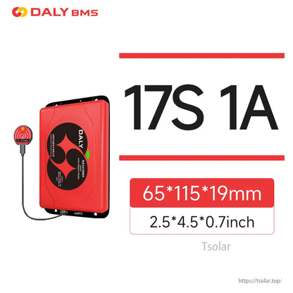 17S 1A active balancer size graphic showing 65×115×19 mm with red module and wired dongle