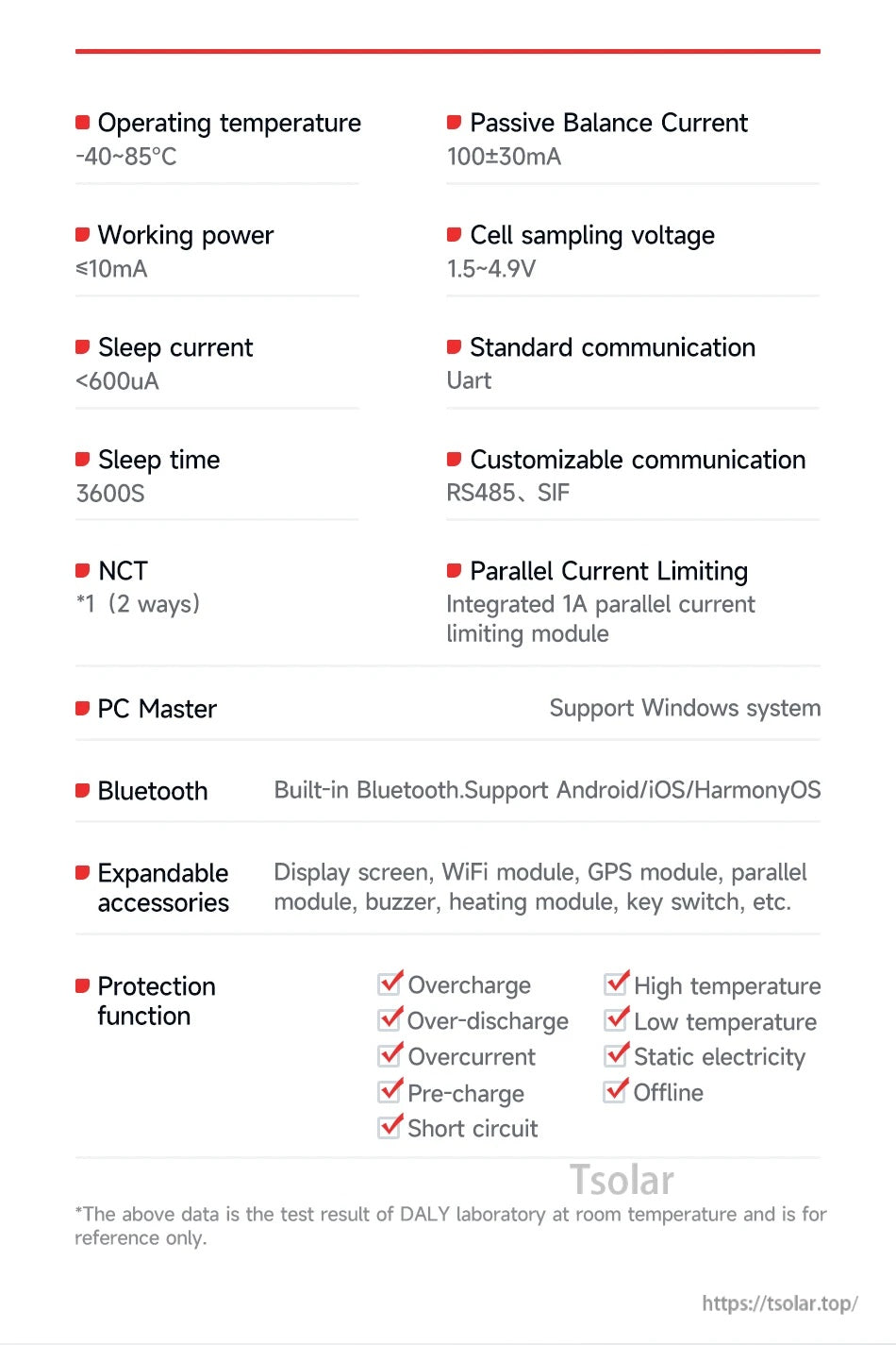 Specification list showing temperature range, balance current, sleep current, UART/RS485 options, and protections