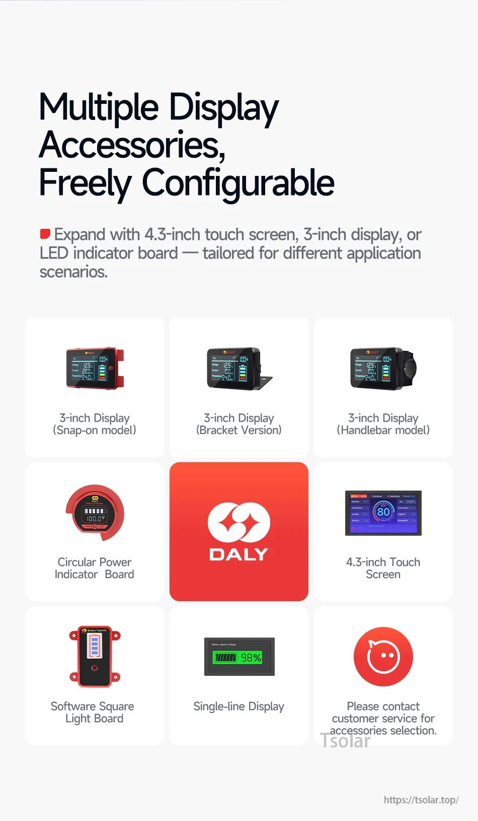 Accessory options grid with 3-inch displays, 4.3-inch touch screen, indicator boards, and single-line display