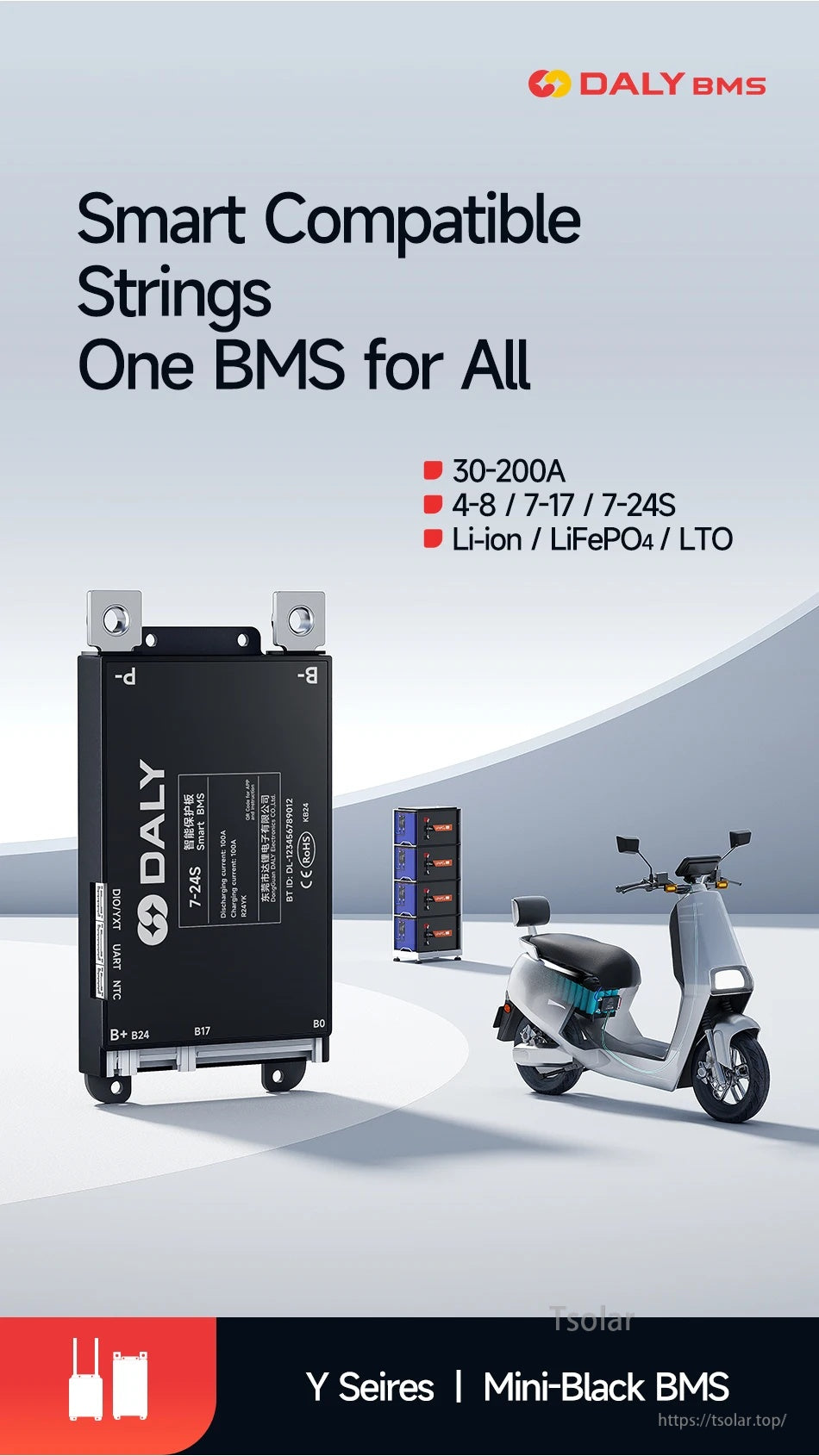 DALY Smart BMS Y Series / Mini-Black BMS with smart compatible strings 4–8S, 7–17S, 7–24S and 30–200A options