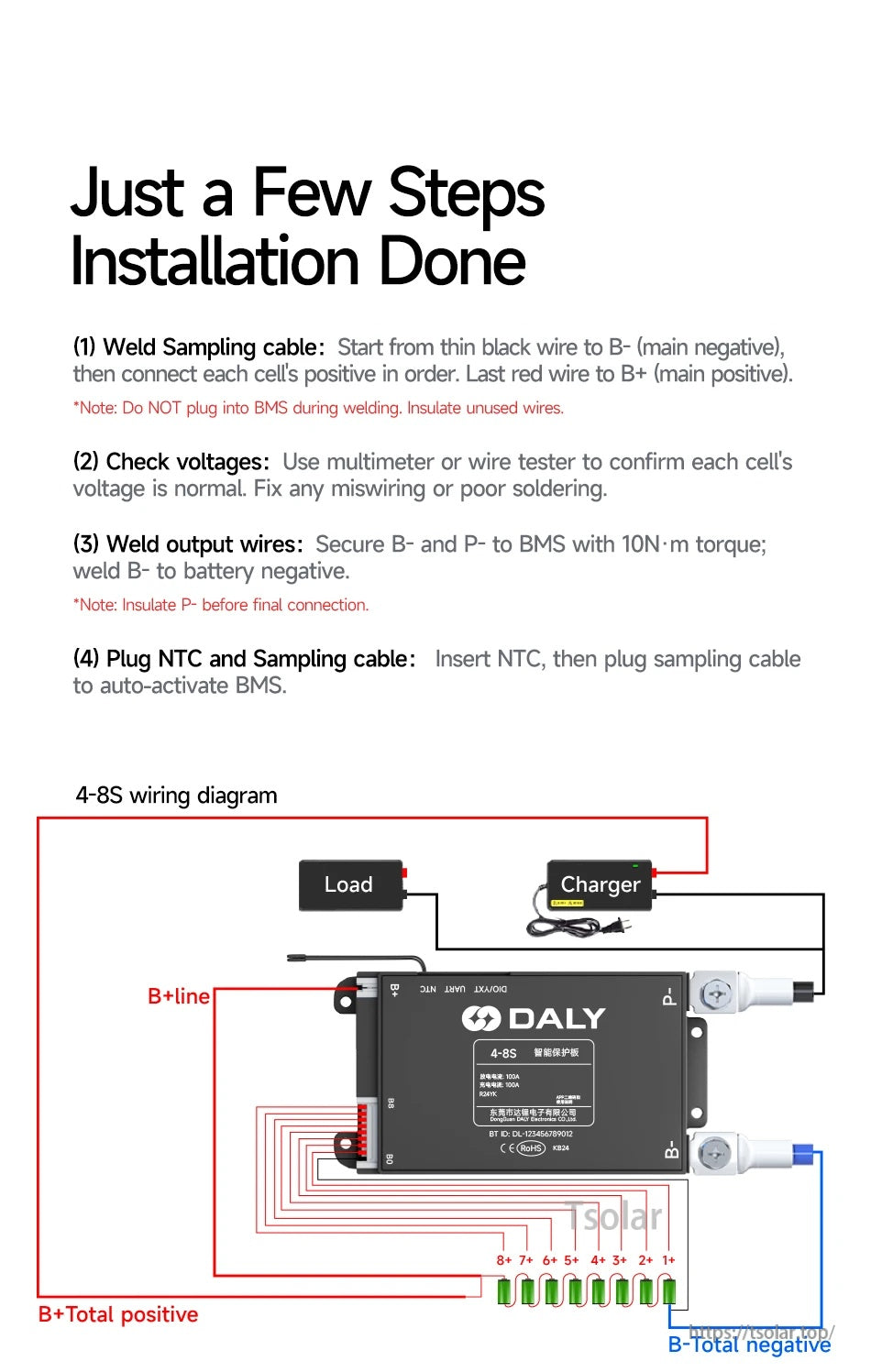 DALY Smart BMS 4–8S wiring diagram with load and charger connections, B+ line, B- total negative, and cell tap leads