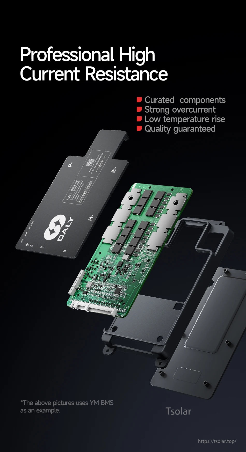 Exploded view of BMS housing and PCB highlighting high current resistance construction (YM model used as example)