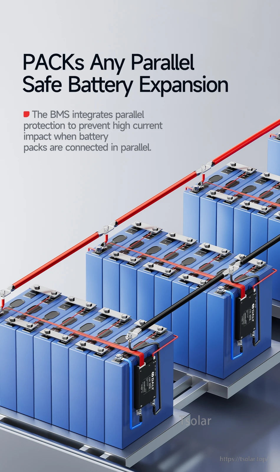 DALY Smart BMS modules wired to multiple battery packs in a parallel connection with red and black power leads