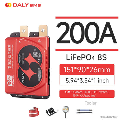 Specification graphic: 200A LiFePO4 8S BMS, 151×90×26 mm dimensions, shown with included cables and BT switch