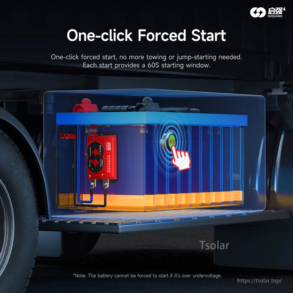 Forced start use-case illustration with BMS installed in battery pack and one-click start button graphic