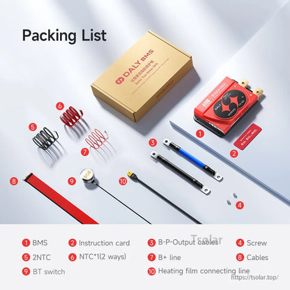Packing list layout with Daly BMS box, BMS unit, cables, BT switch, NTC leads and hardware accessories