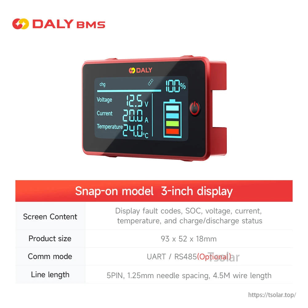 Daly Smart BMS 3-inch snap-on display showing SOC, 12.5V voltage, 20.0A current and 24°C temperature readouts