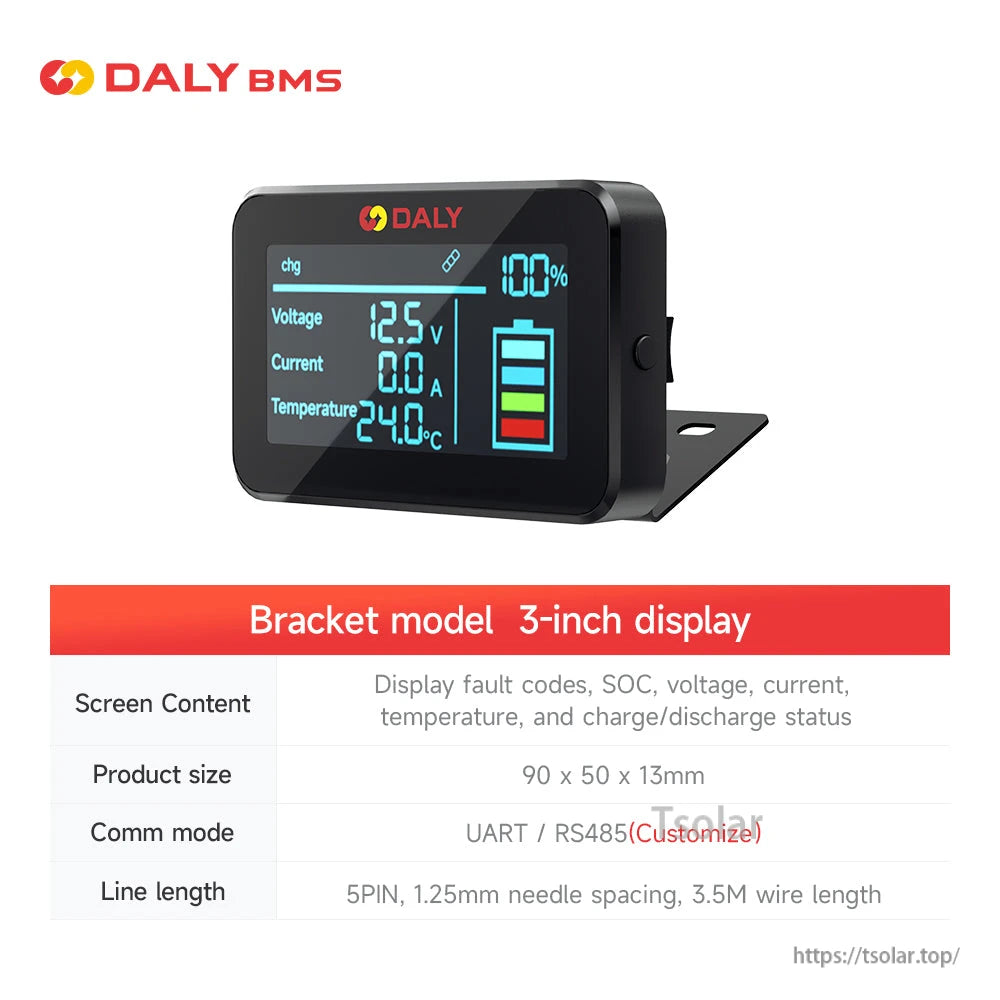 Daly Smart BMS 3-inch bracket-mounted LCD display showing SOC, voltage, current, temperature, and battery icon