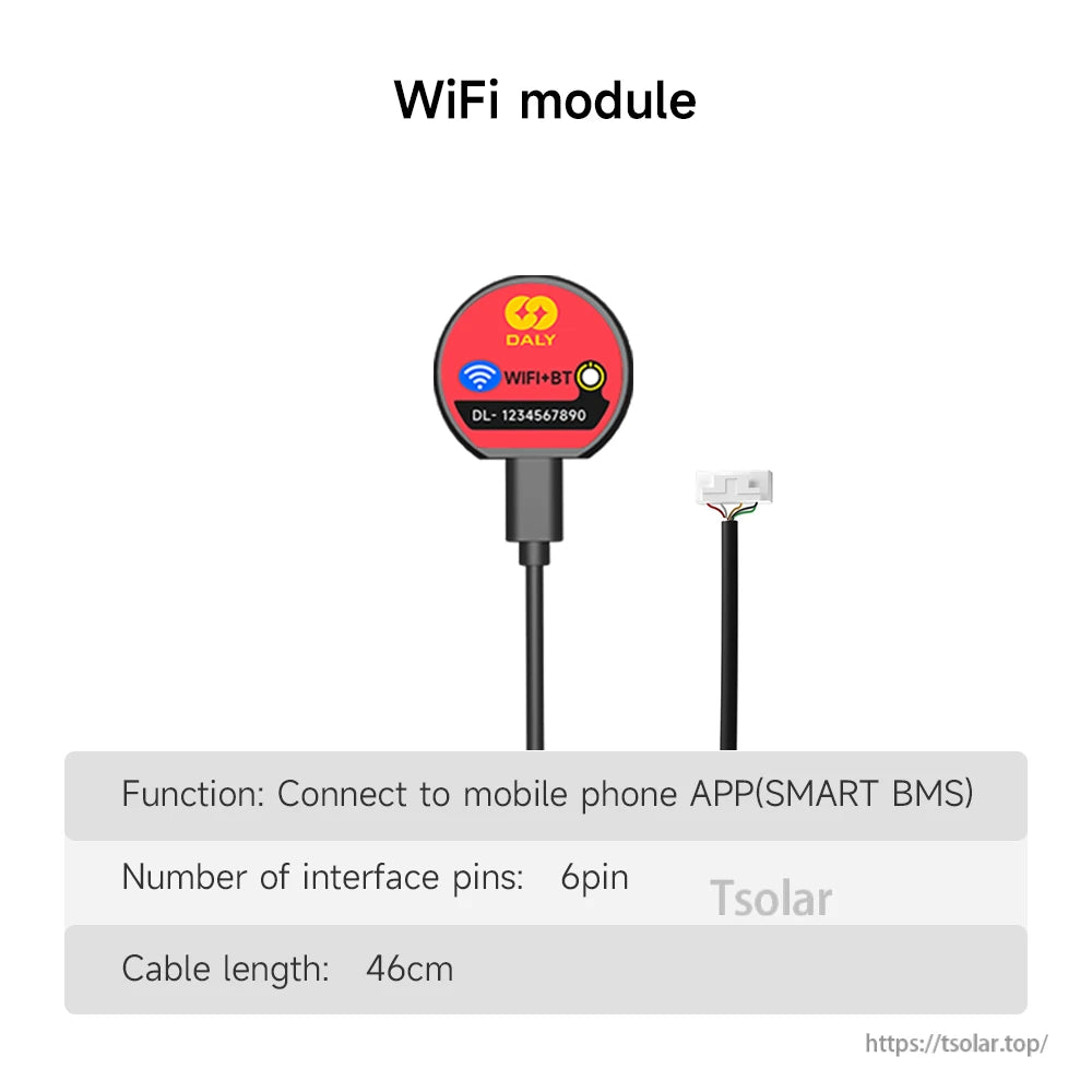 WiFi module with 6-pin connector lead for BMS mobile app connection (46 cm cable shown)