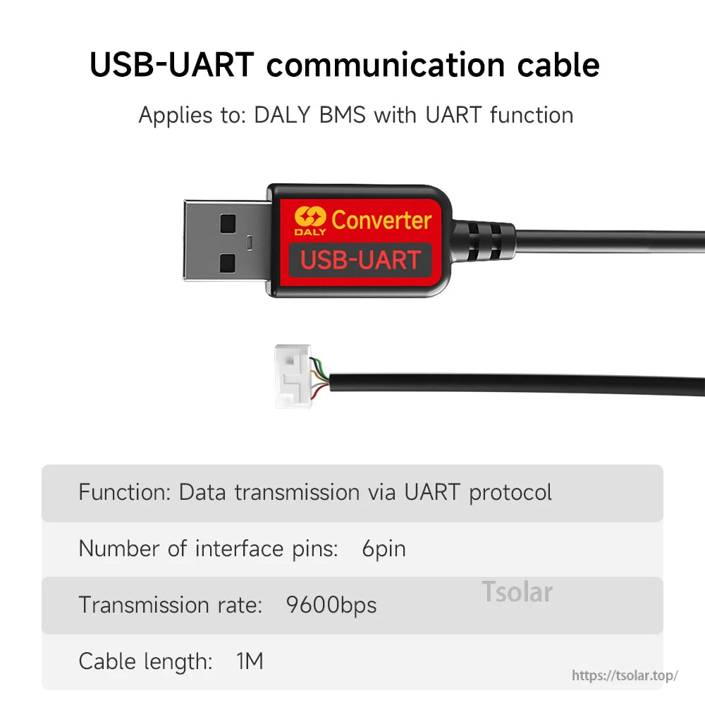 USB-UART communication cable converter with 6-pin plug, 9600 bps and 1 m cable shown