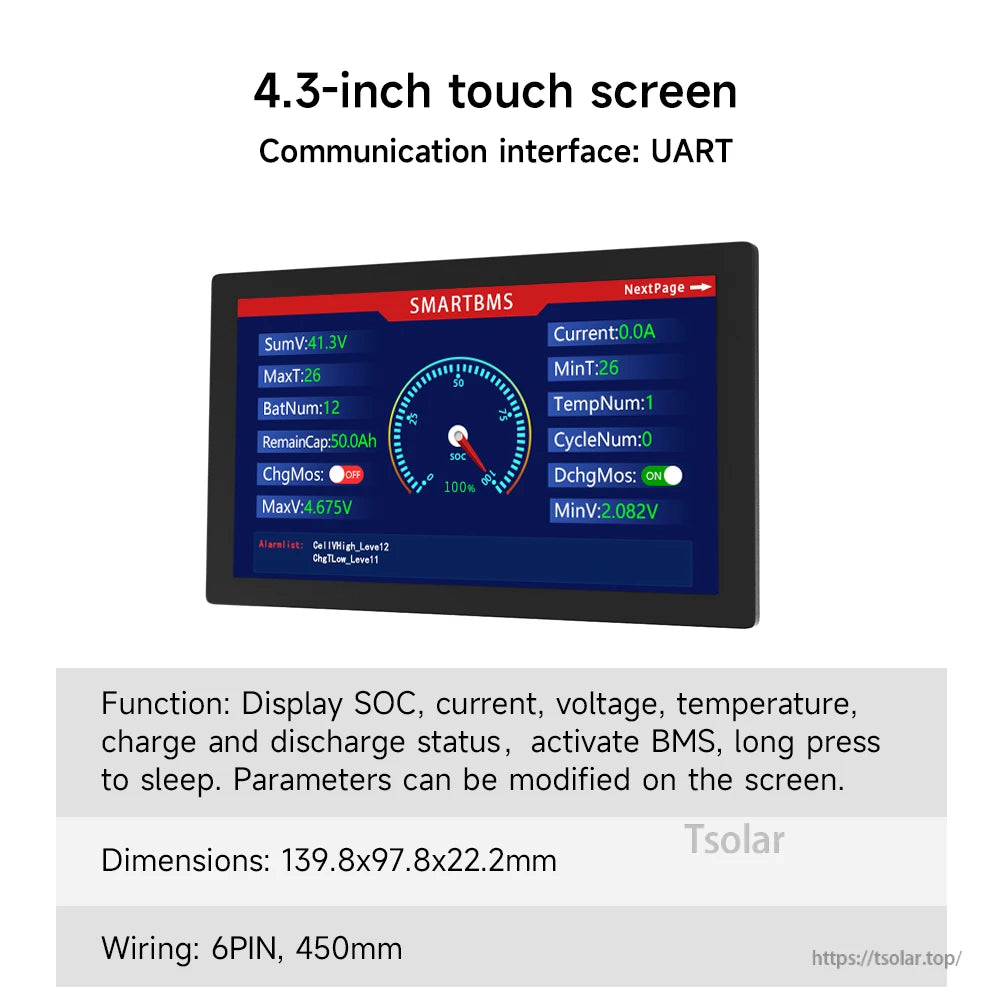 4.3-inch touch screen display for SMARTBMS with UART interface and dashboard readout