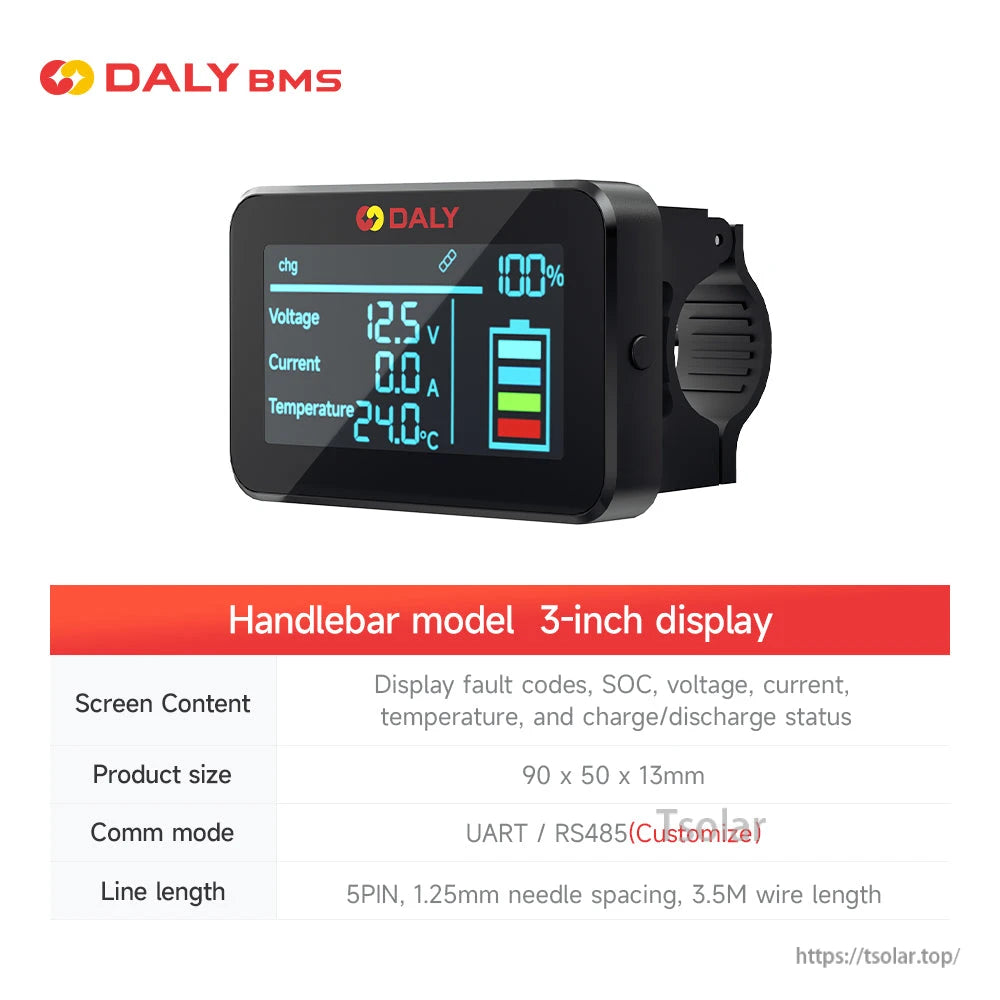 Daly Smart BMS 3-inch handlebar display showing SOC, voltage, current, temperature and battery status icons